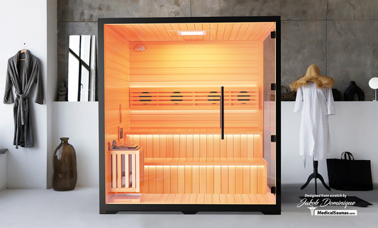 A serene indoor sauna glowing with warmth, showcasing the ideal traditional sauna temperature.