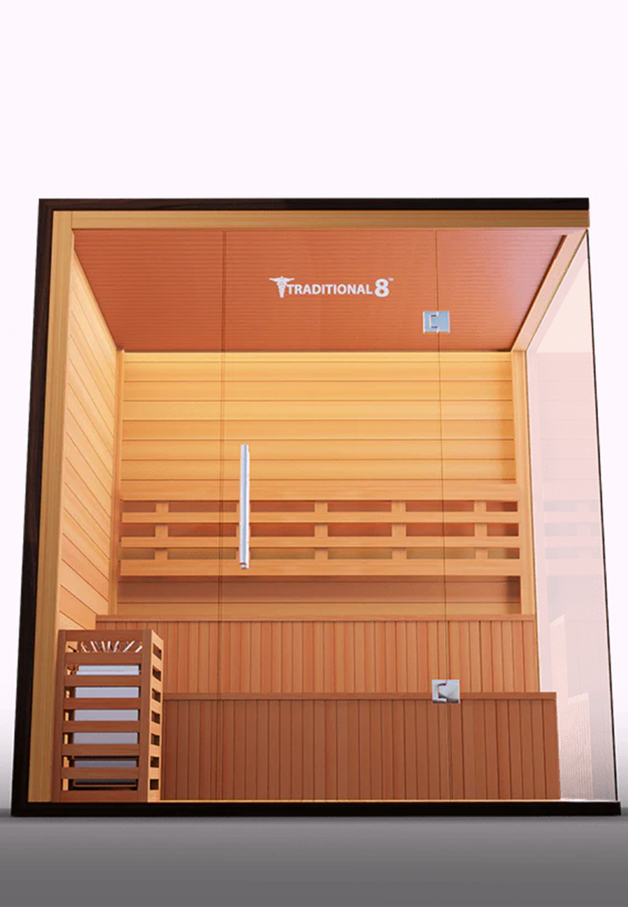 Indoor traditional sauna with compact bench seating